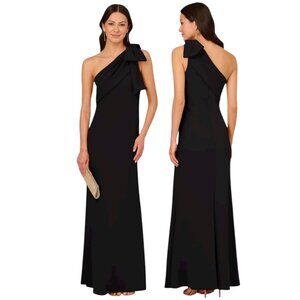 Adrianna Papell Black One-Shoulder Maxi Gown with Bow Detail